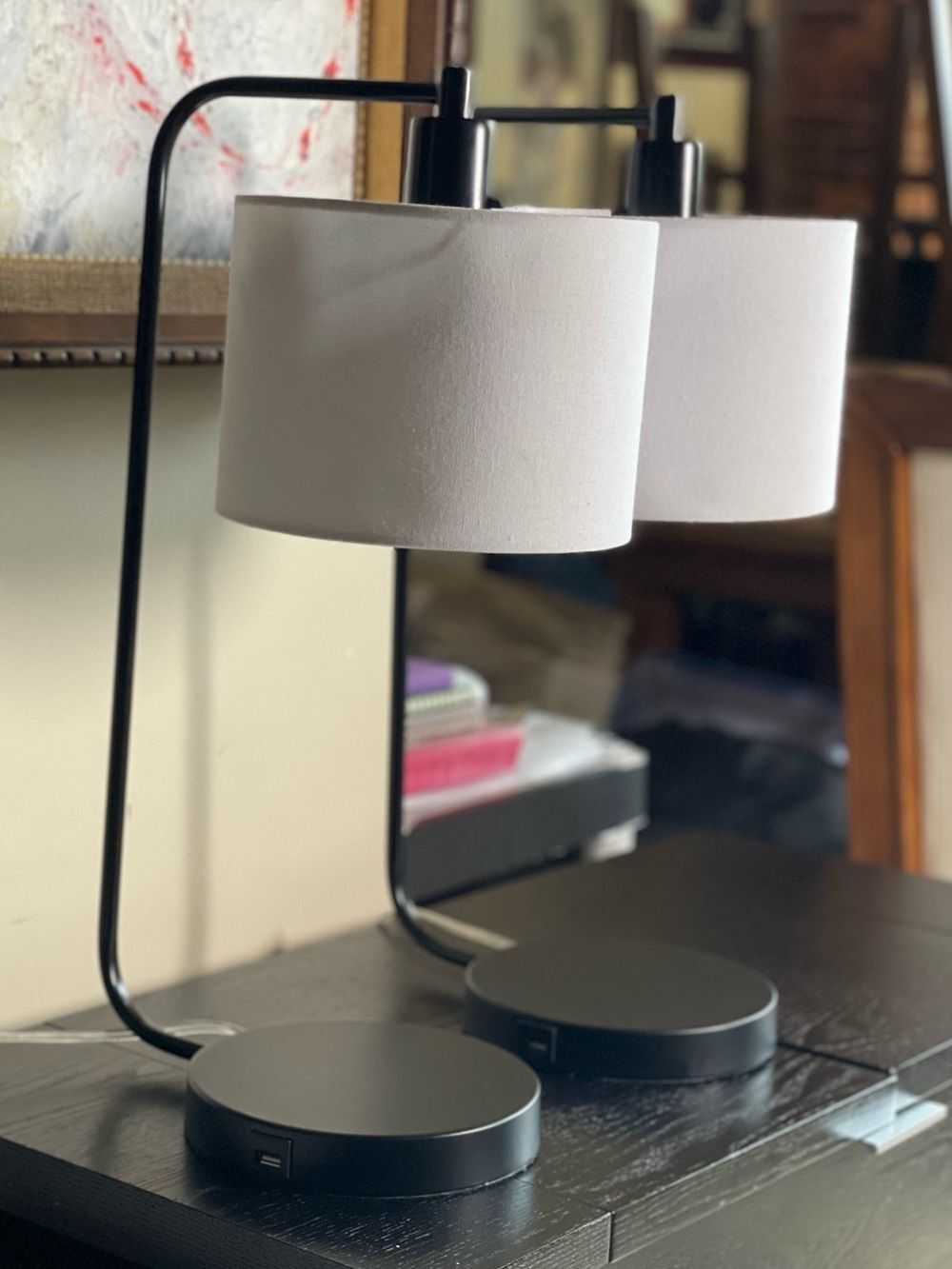 Modern Table Lamps with Black Wrought Iron Arm Suspending White Cotton Shades